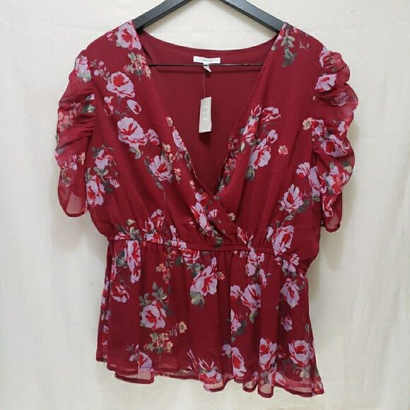 Maurices Tops - NWT Maurices Blouse Size XXL Burgundy Floral V Neck Ruffle Coquette Victorian